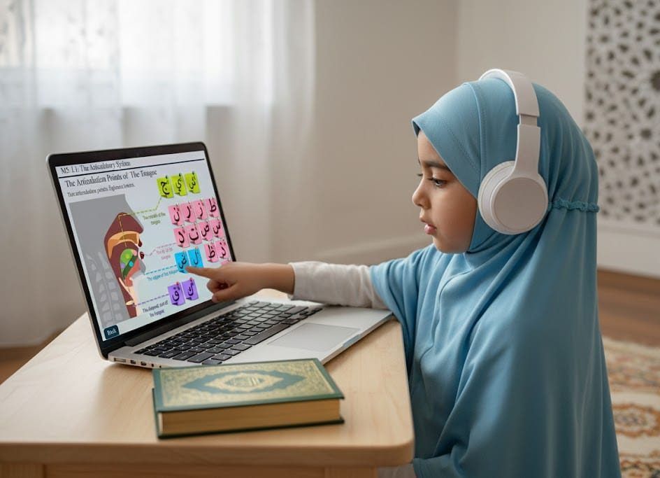 Girl learning Tajweed articulation points online with headphones